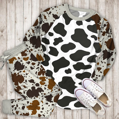 Black Cow Pattern Pajama Set |Sleepwear Pjs Sets | Raglan Shirt Pants Set