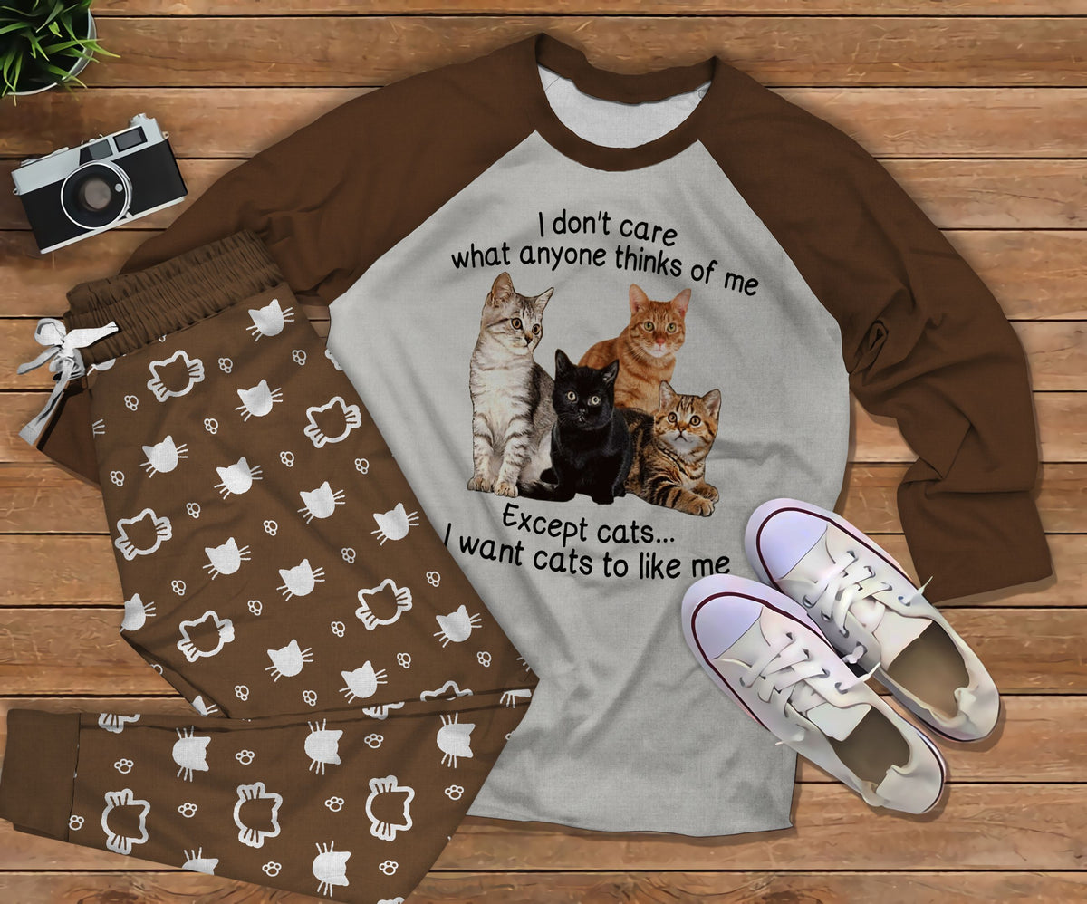 Cat Except Pajama Set |Sleepwear Pjs Sets | Raglan Shirt Pants Set