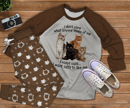 Cat Except Pajama Set |Sleepwear Pjs Sets | Raglan Shirt Pants Set