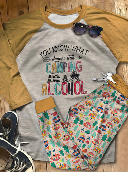 Camping Camping And Alcohol Collection Aad Pajama Set |Sleepwear Pjs Sets | Raglan Shirt Pants Set