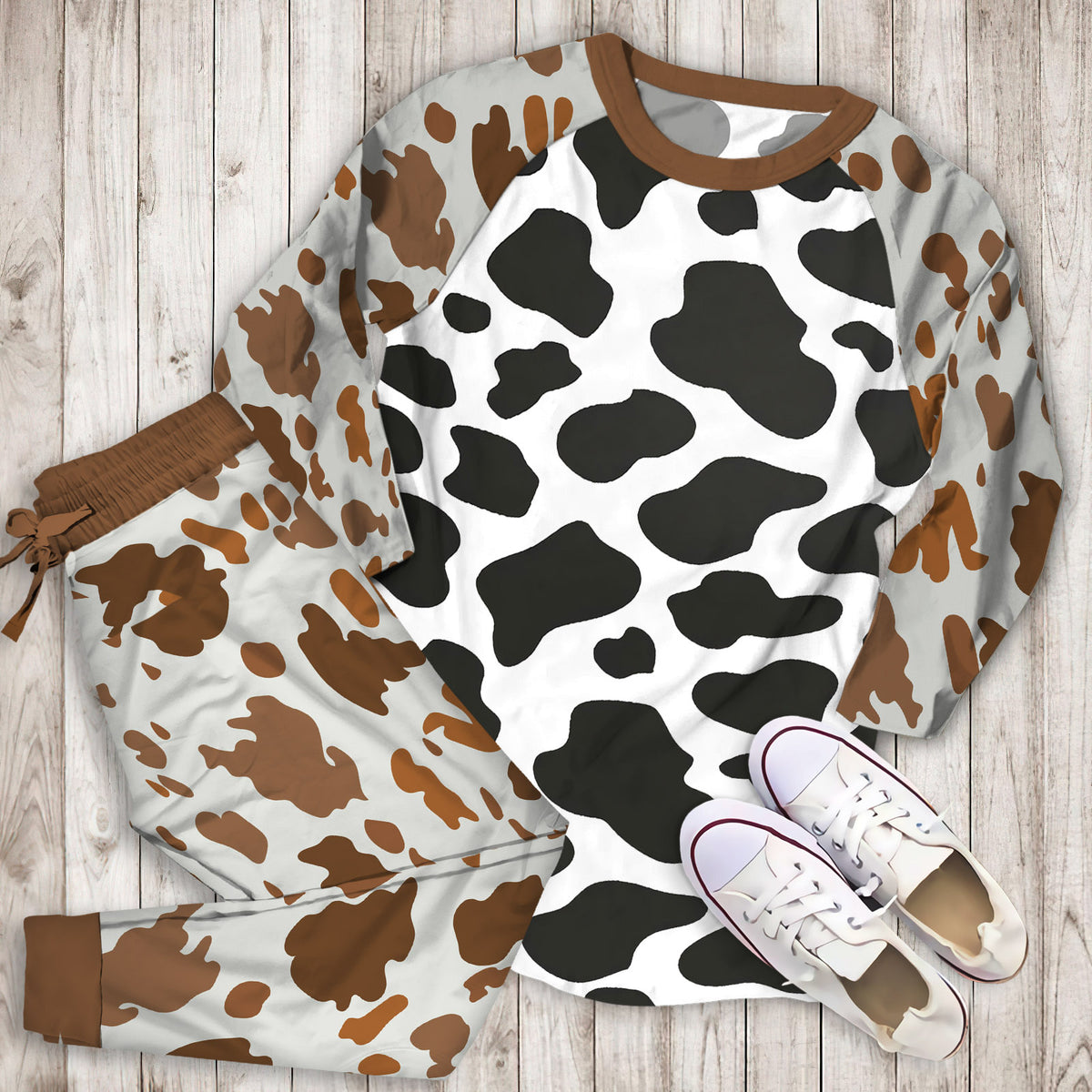 Black Cow Pattern Pajama Set |Sleepwear Pjs Sets | Raglan Shirt Pants Set