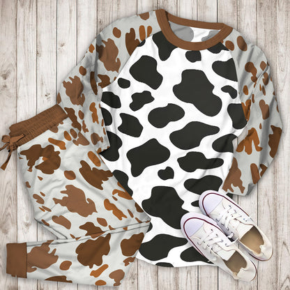 Black Cow Pattern Pajama Set |Sleepwear Pjs Sets | Raglan Shirt Pants Set