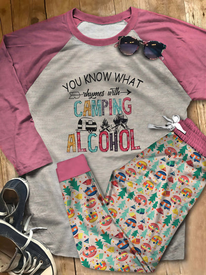 Camping Camping And Alcohol Collection Aad Pajama Set |Sleepwear Pjs Sets | Raglan Shirt Pants Set