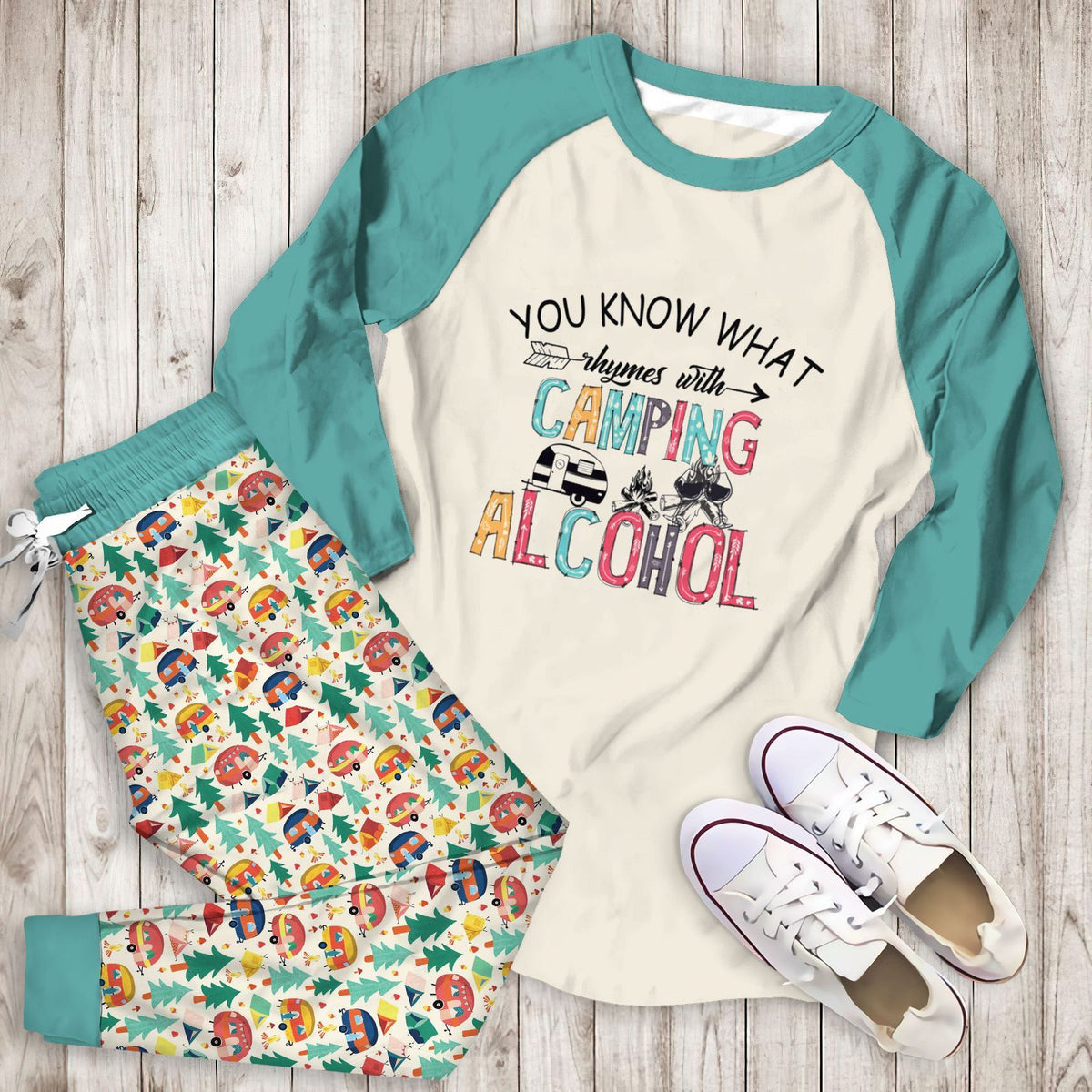 Camping Camping And Alcohol Collection Aad Pajama Set |Sleepwear Pjs Sets | Raglan Shirt Pants Set