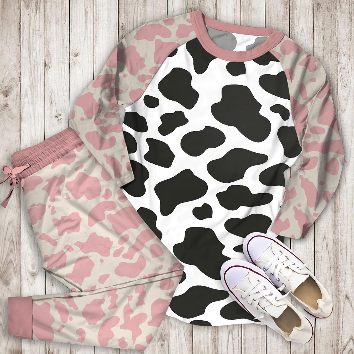 Black Cow Pattern Pajama Set |Sleepwear Pjs Sets | Raglan Shirt Pants Set