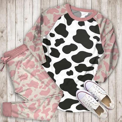 Black Cow Pattern Pajama Set |Sleepwear Pjs Sets | Raglan Shirt Pants Set