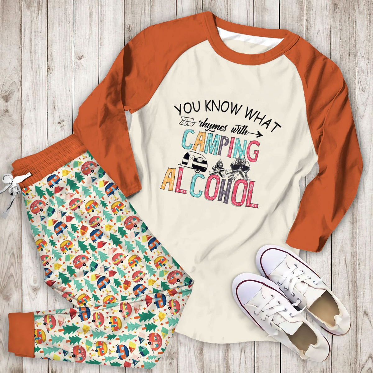 Camping Camping And Alcohol Collection Aad Pajama Set |Sleepwear Pjs Sets | Raglan Shirt Pants Set