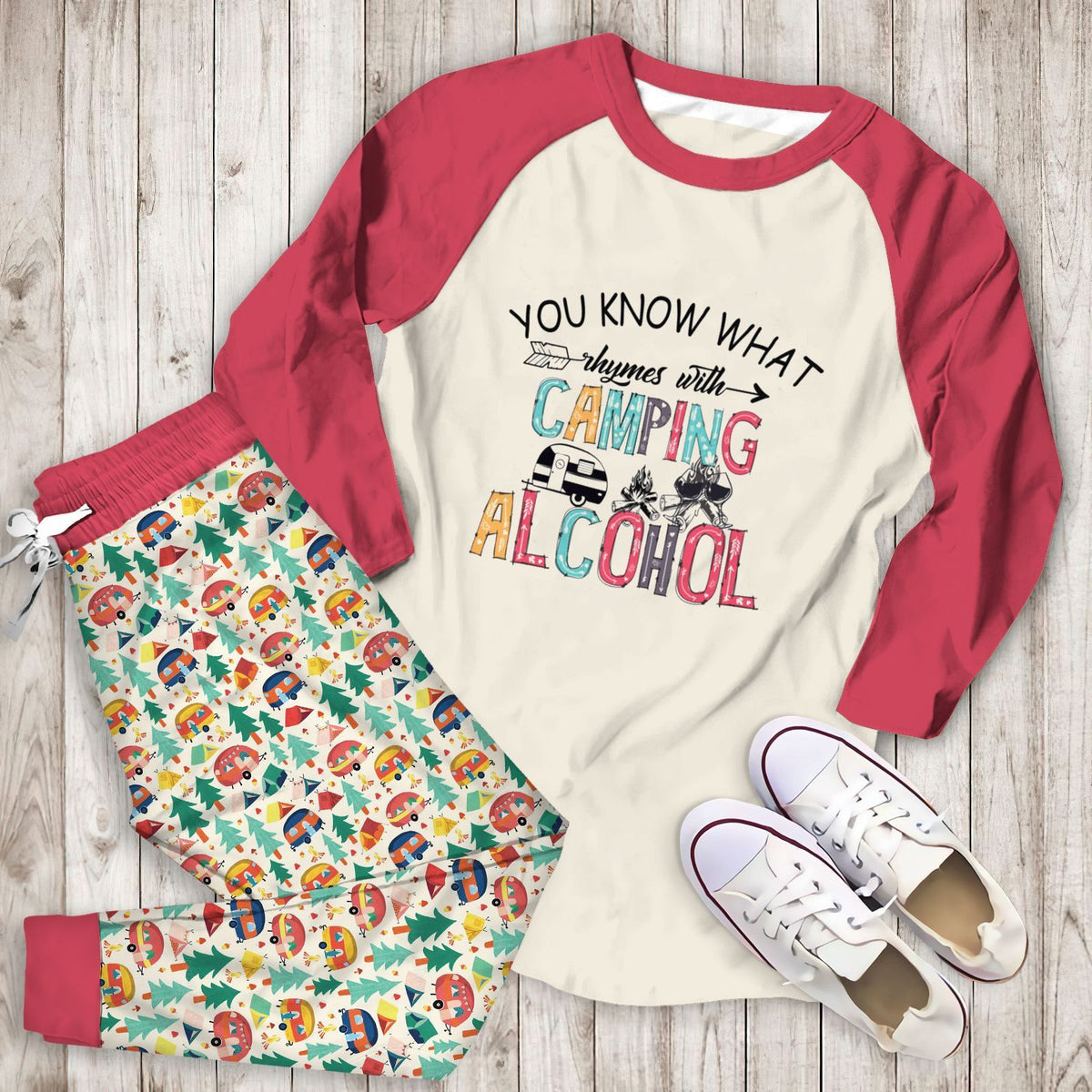 Camping Camping And Alcohol Collection Aad Pajama Set |Sleepwear Pjs Sets | Raglan Shirt Pants Set