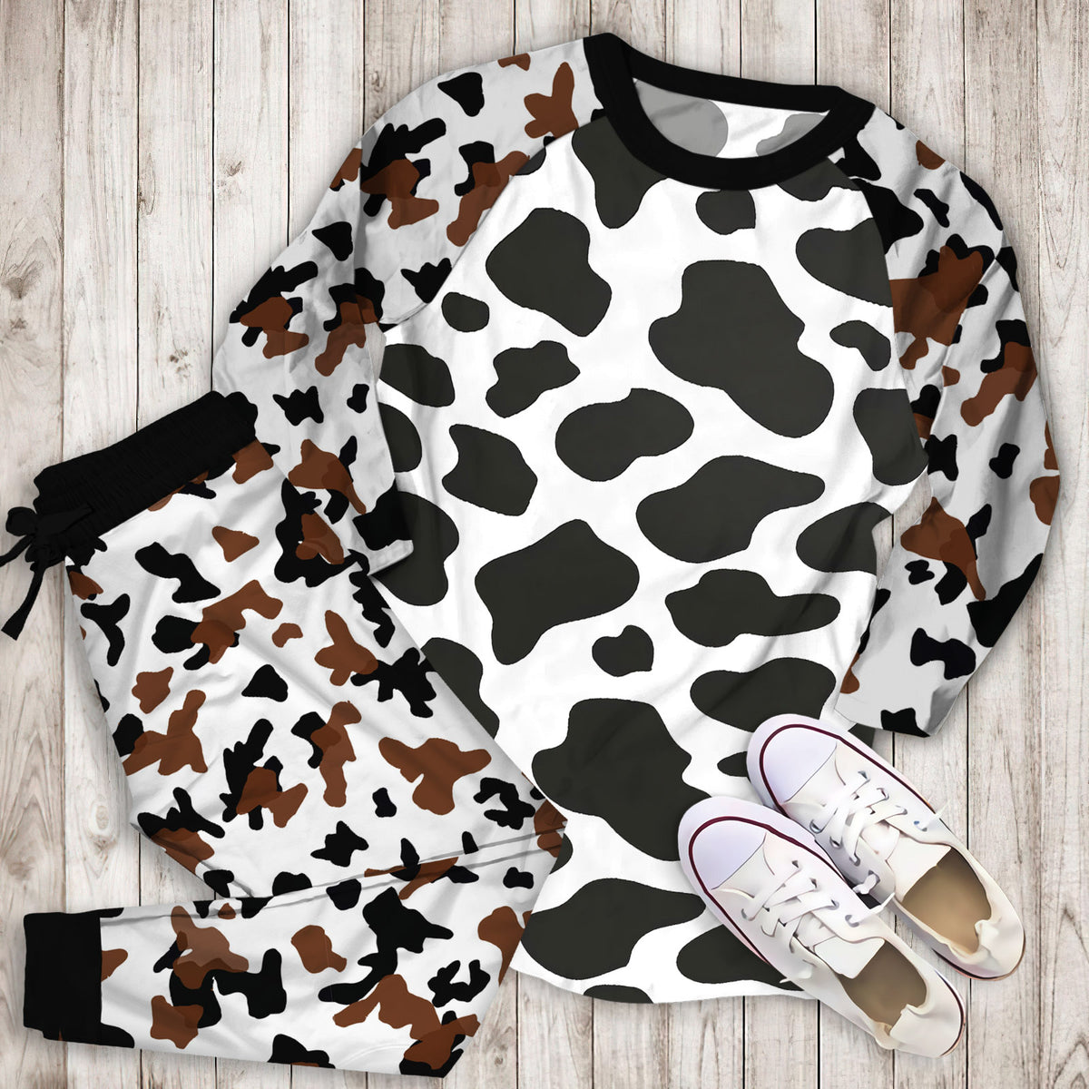Black Cow Pattern Pajama Set |Sleepwear Pjs Sets | Raglan Shirt Pants Set