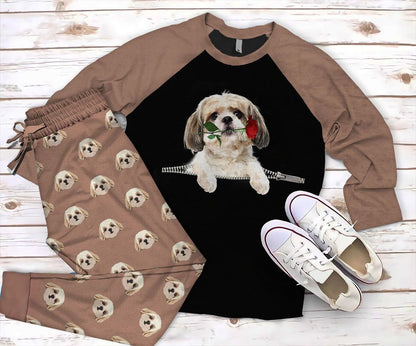 Shih Tzu Zip Pajama Set |Sleepwear Pjs Sets | Raglan Shirt Pants Set