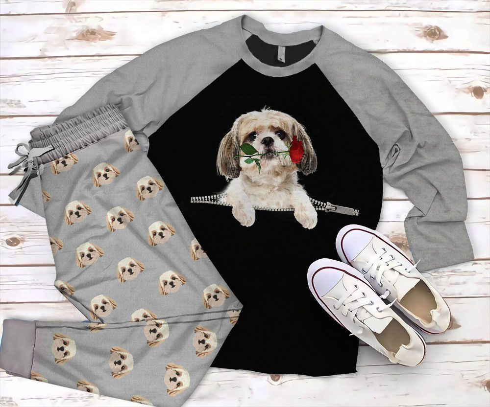 Shih Tzu Zip Pajama Set |Sleepwear Pjs Sets | Raglan Shirt Pants Set