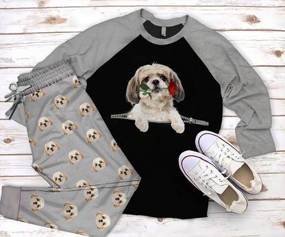 Shih Tzu Zip Pajama Set |Sleepwear Pjs Sets | Raglan Shirt Pants Set