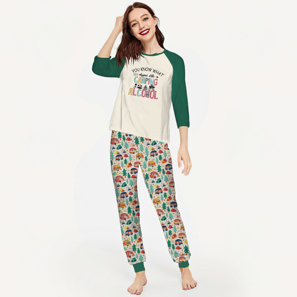 Camping Camping And Alcohol Collection Aad Pajama Set |Sleepwear Pjs Sets | Raglan Shirt Pants Set