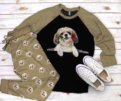 Shih Tzu Zip Pajama Set |Sleepwear Pjs Sets | Raglan Shirt Pants Set