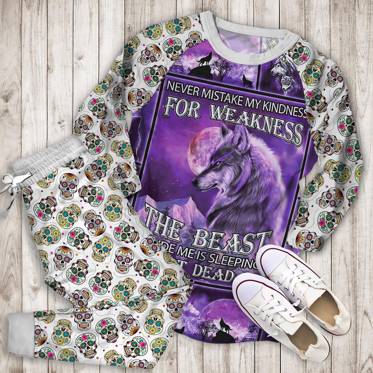 The Beast Inside Me Is Sleeping Not Dead Wolf Pajama Set |Sleepwear Pjs Sets | Raglan Shirt Pants Set