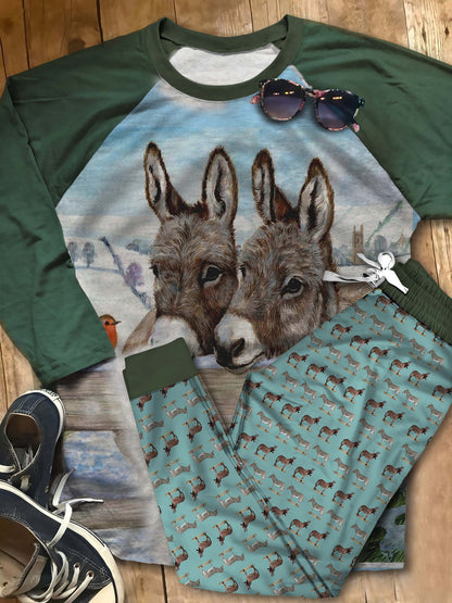 Donkey Lovely Donkeys Aak Pajama Set |Sleepwear Pjs Sets | Raglan Shirt Pants Set