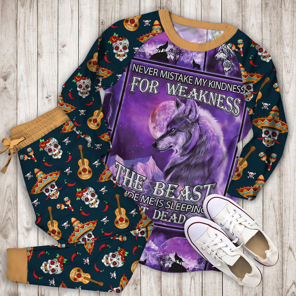 The Beast Inside Me Is Sleeping Not Dead Wolf Pajama Set |Sleepwear Pjs Sets | Raglan Shirt Pants Set
