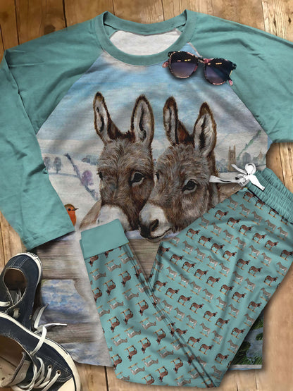 Donkey Lovely Donkeys Aak Pajama Set |Sleepwear Pjs Sets | Raglan Shirt Pants Set