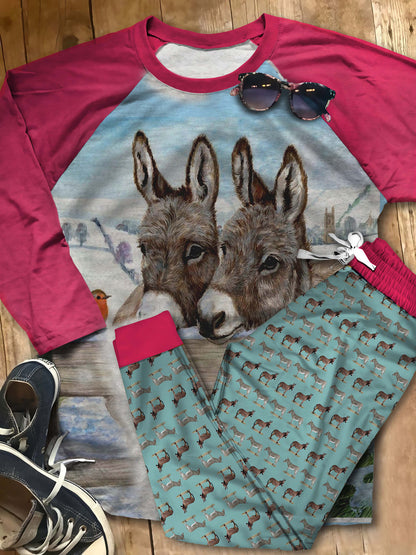 Donkey Lovely Donkeys Aak Pajama Set |Sleepwear Pjs Sets | Raglan Shirt Pants Set