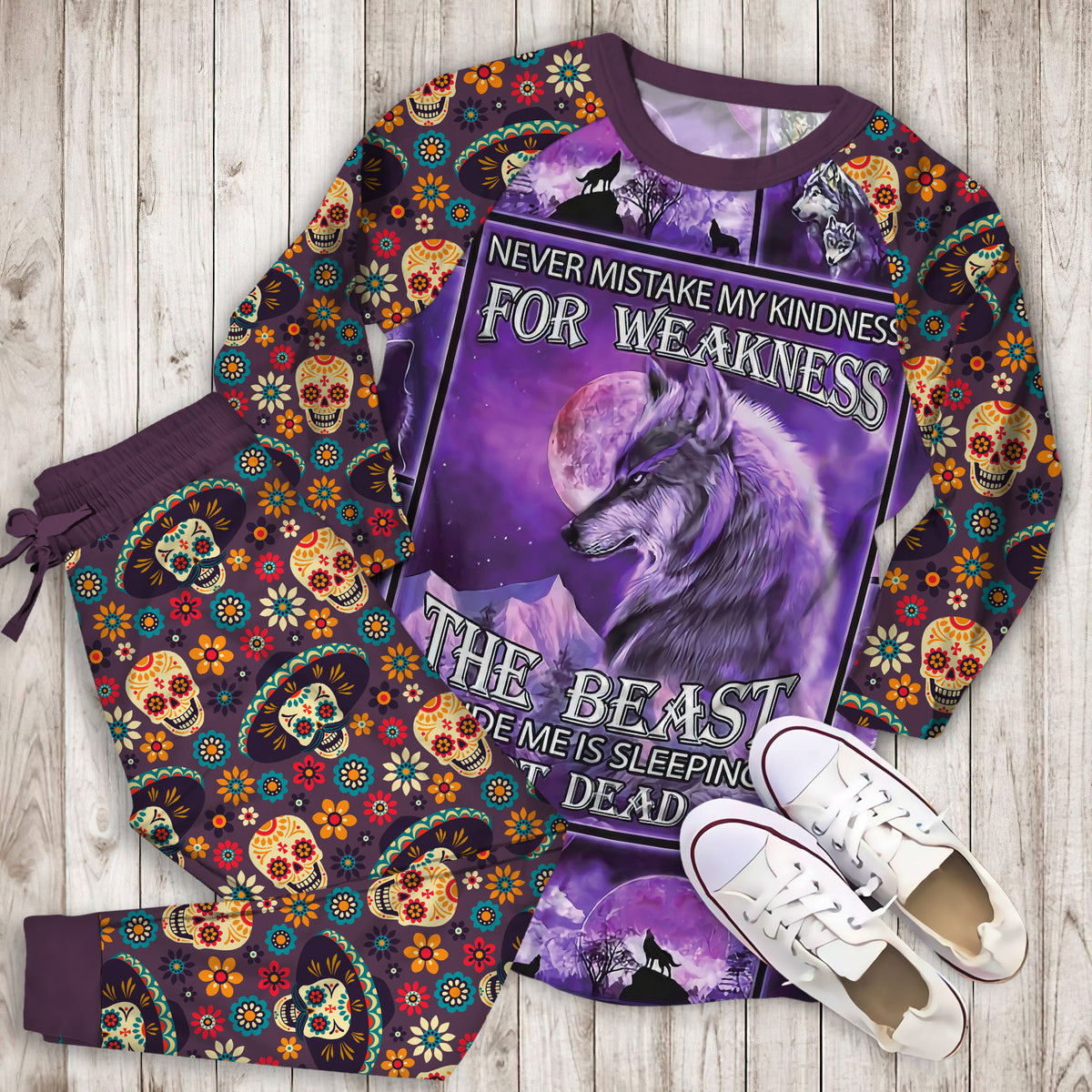 The Beast Inside Me Is Sleeping Not Dead Wolf Pajama Set |Sleepwear Pjs Sets | Raglan Shirt Pants Set