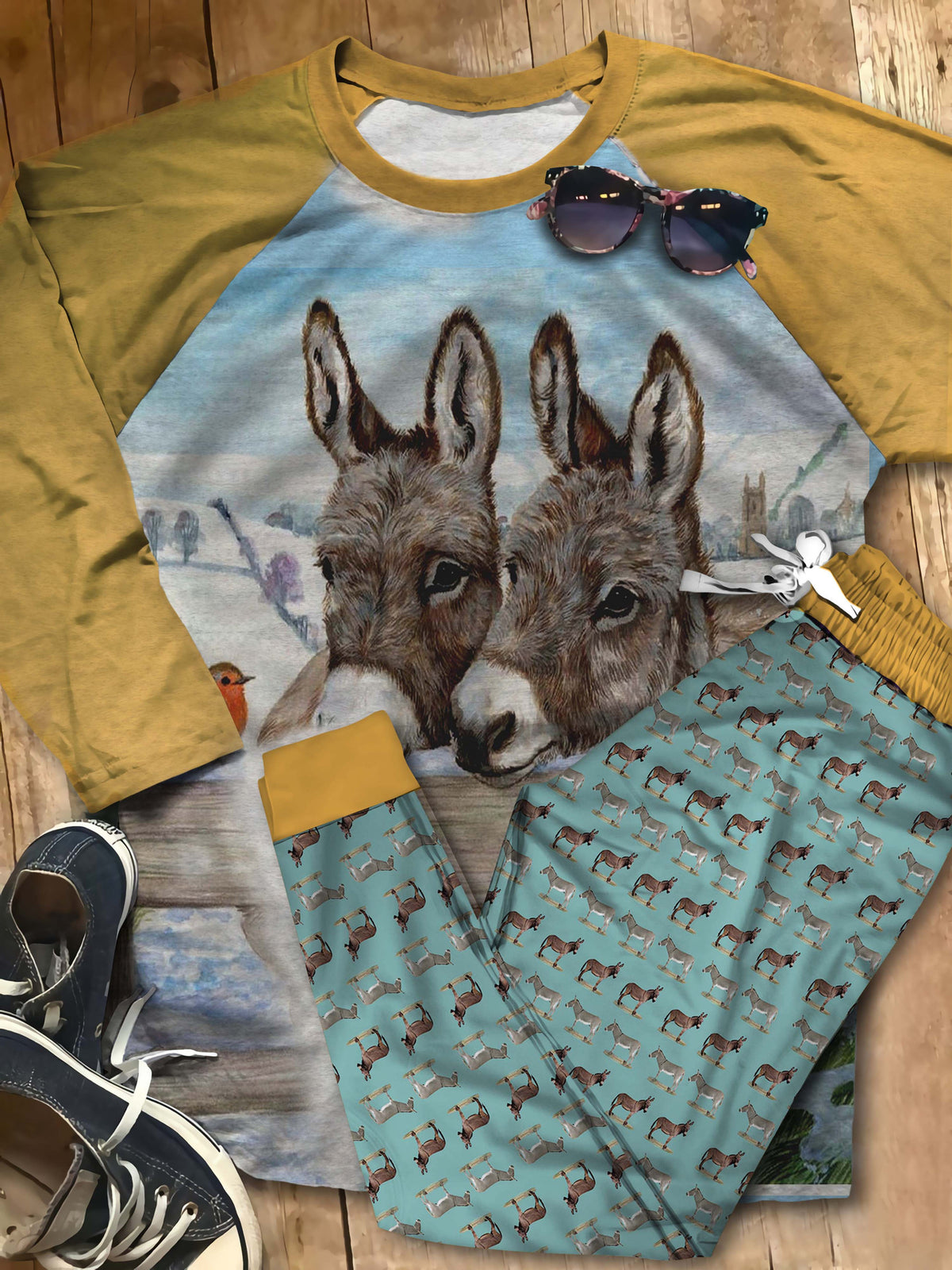 Donkey Lovely Donkeys Aak Pajama Set |Sleepwear Pjs Sets | Raglan Shirt Pants Set
