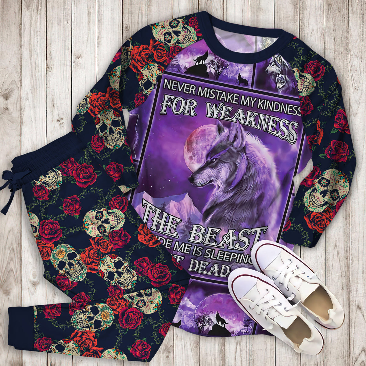 The Beast Inside Me Is Sleeping Not Dead Wolf Pajama Set |Sleepwear Pjs Sets | Raglan Shirt Pants Set