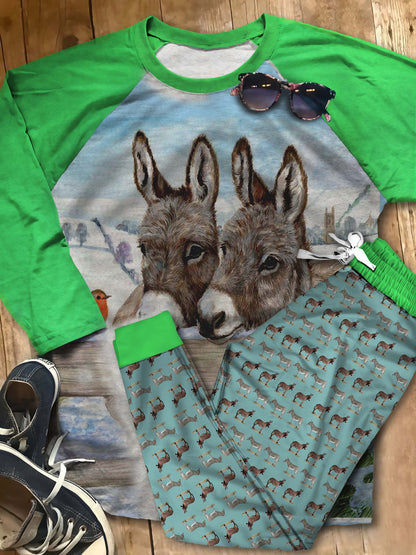 Donkey Lovely Donkeys Aak Pajama Set |Sleepwear Pjs Sets | Raglan Shirt Pants Set