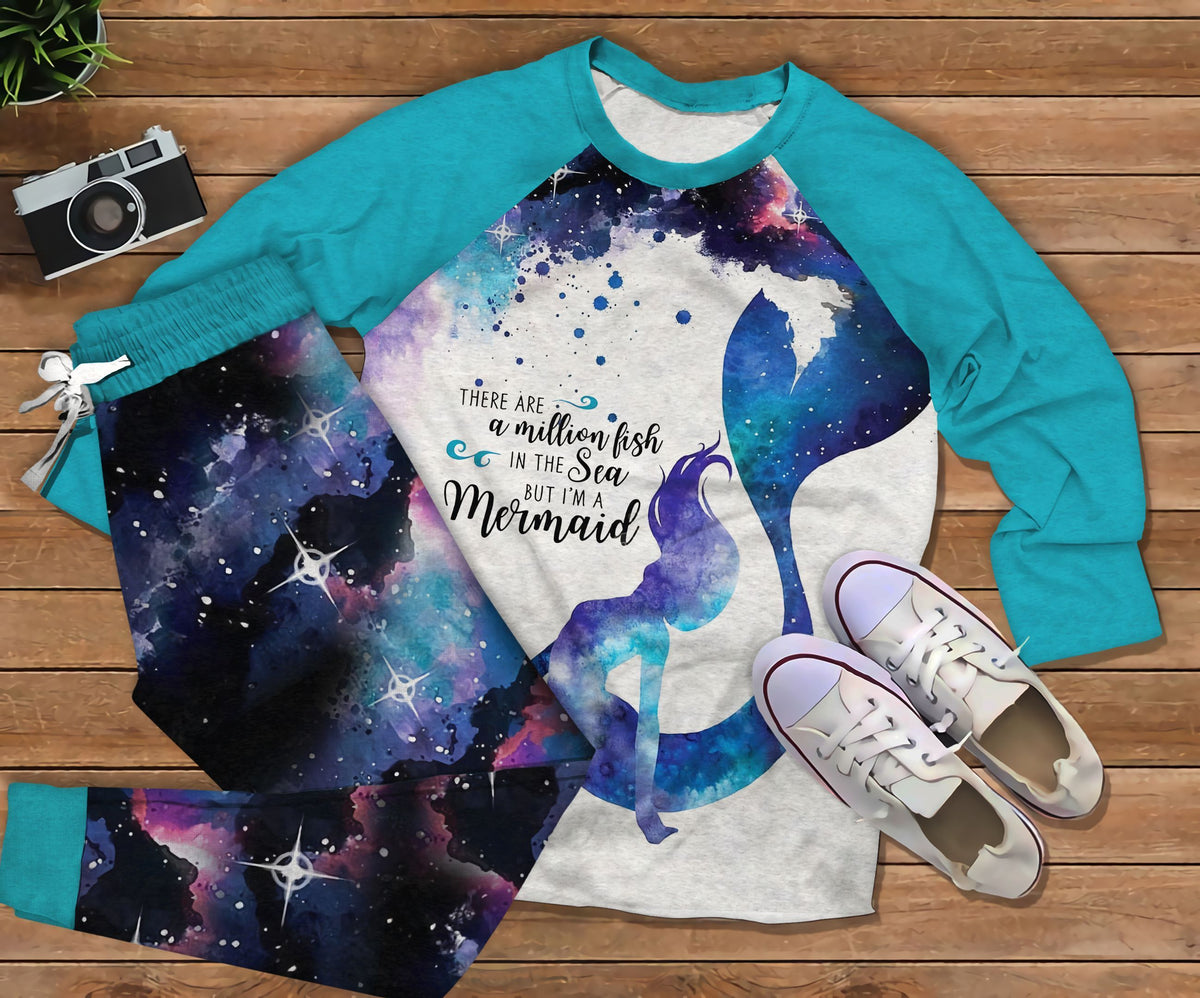 Mermaid Galaxy Pajama Set |Sleepwear Pjs Sets | Raglan Shirt Pants Set