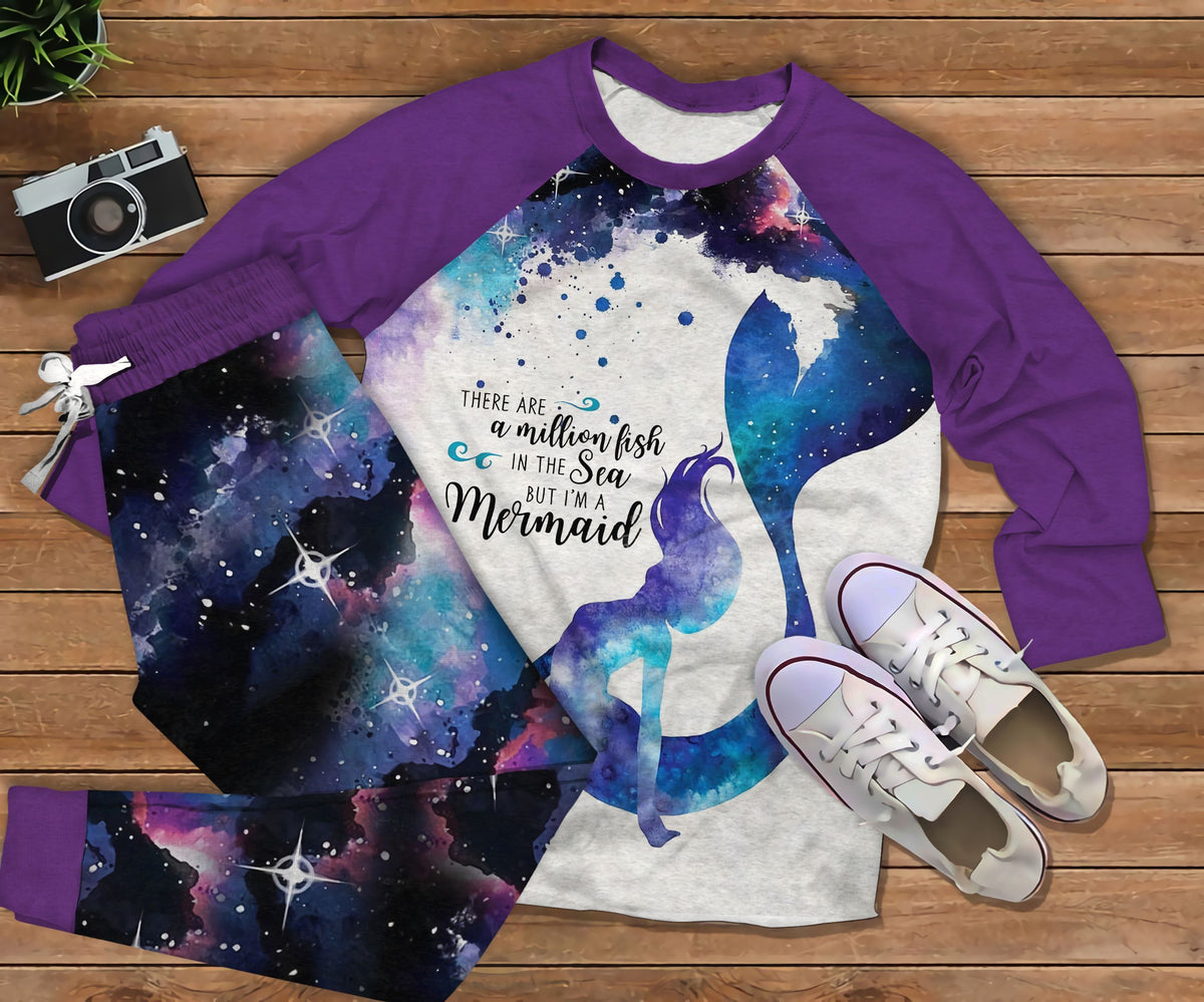 Mermaid Galaxy Pajama Set |Sleepwear Pjs Sets | Raglan Shirt Pants Set