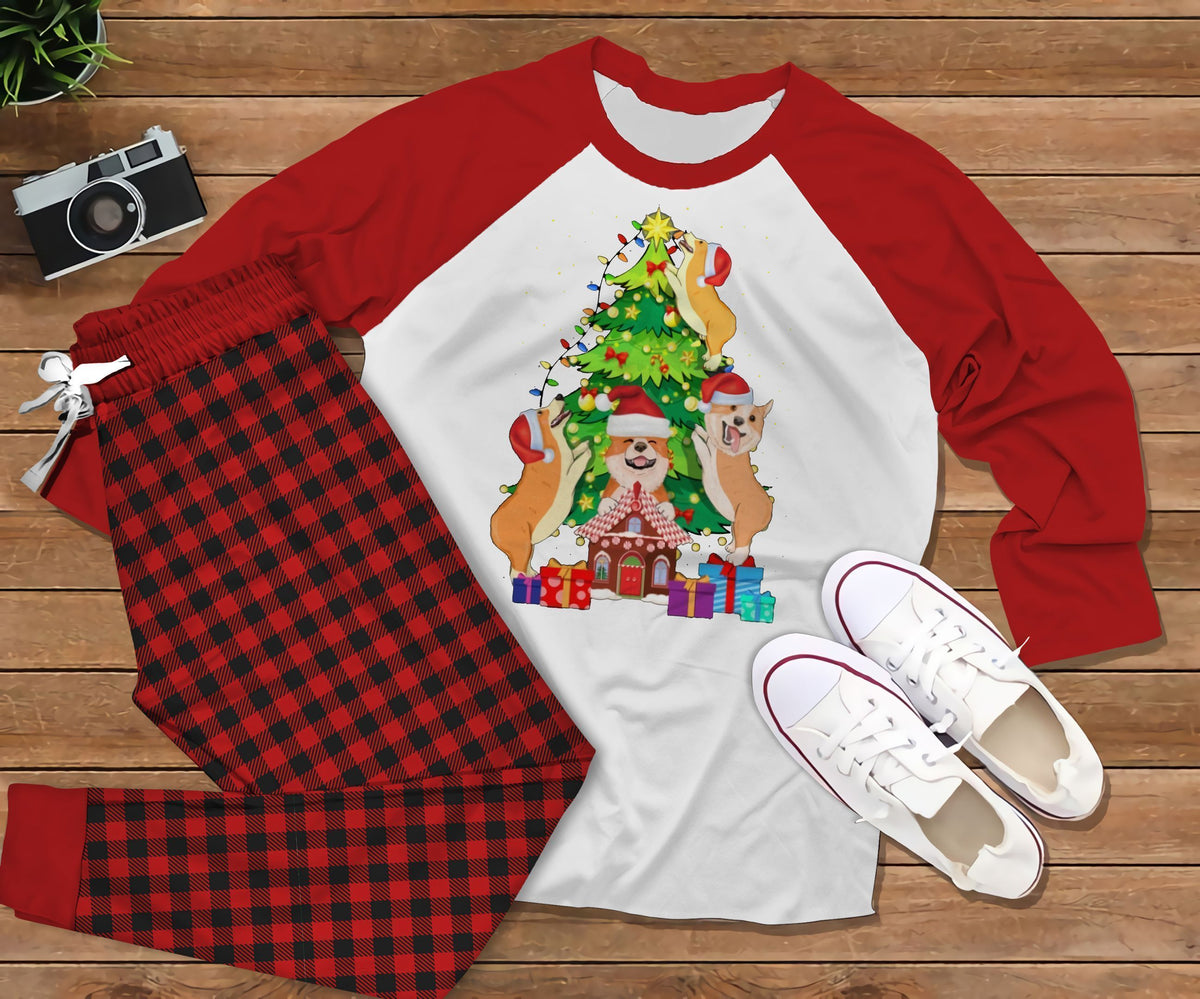 Corgi Christmas Corgihn Red Best Pajama Set |Sleepwear Pjs Sets | Raglan Shirt Pants Set