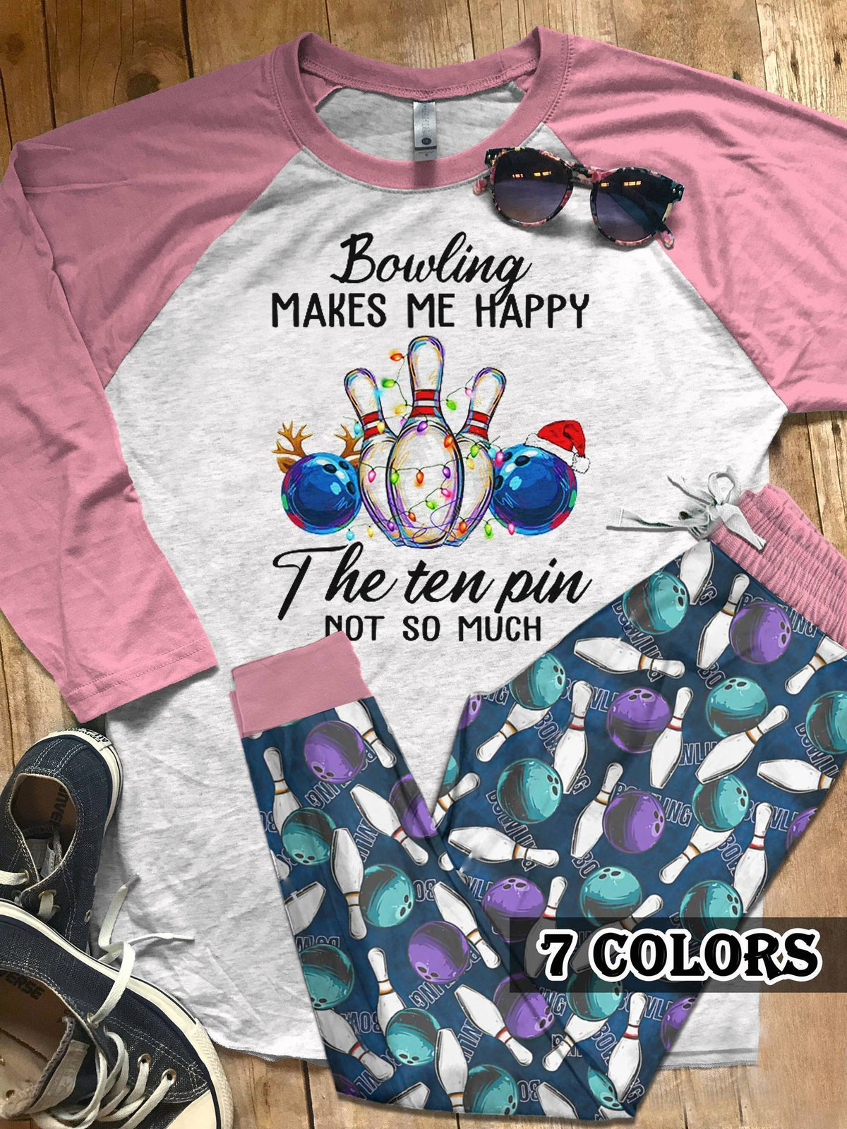 Bowling The Ten Pin Colors Pajama Set |Sleepwear Pjs Sets | Raglan Shirt Pants Set
