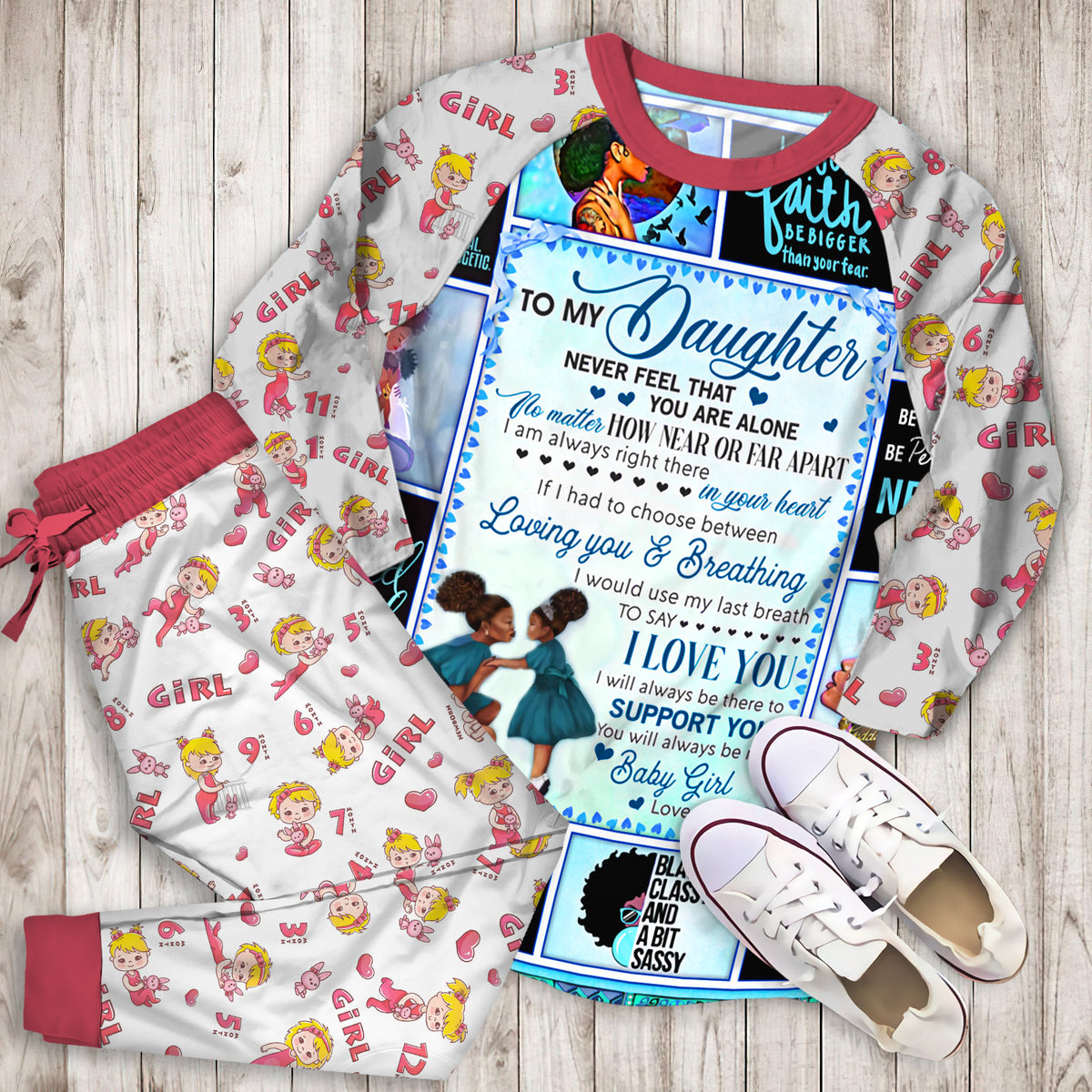 My Daughter I Will Always Be There To Support You Love Mom Black Woman Blue Ragl Pajama Set |Sleepwear Pjs Sets | Raglan Shirt Pants Set