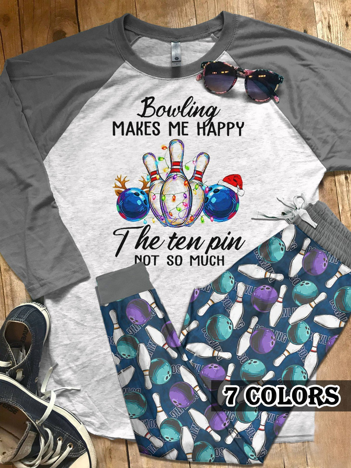 Bowling The Ten Pin Colors Pajama Set |Sleepwear Pjs Sets | Raglan Shirt Pants Set