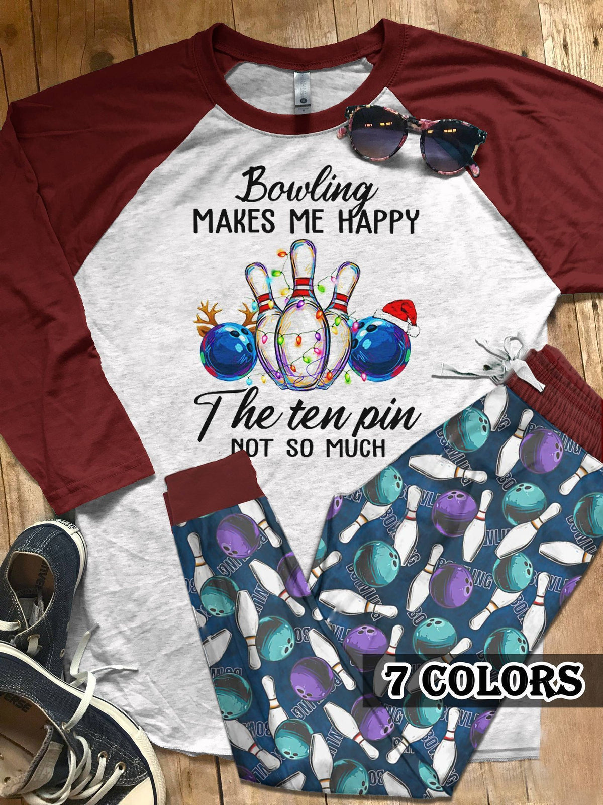 Bowling The Ten Pin Colors Pajama Set |Sleepwear Pjs Sets | Raglan Shirt Pants Set