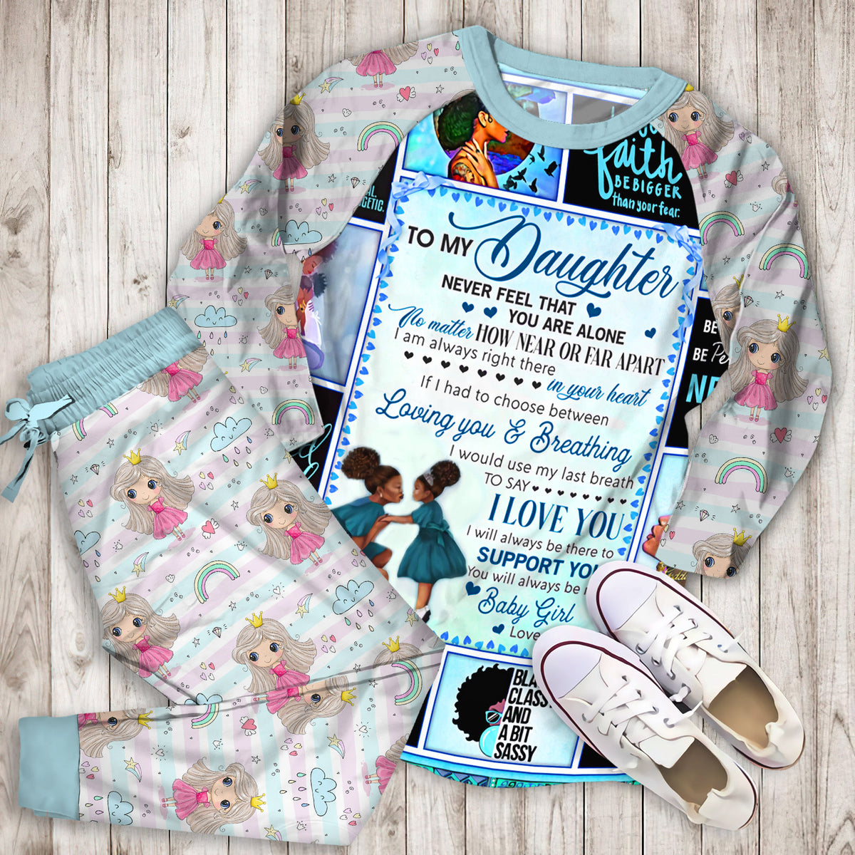 My Daughter I Will Always Be There To Support You Love Mom Black Woman Blue Ragl Pajama Set |Sleepwear Pjs Sets | Raglan Shirt Pants Set