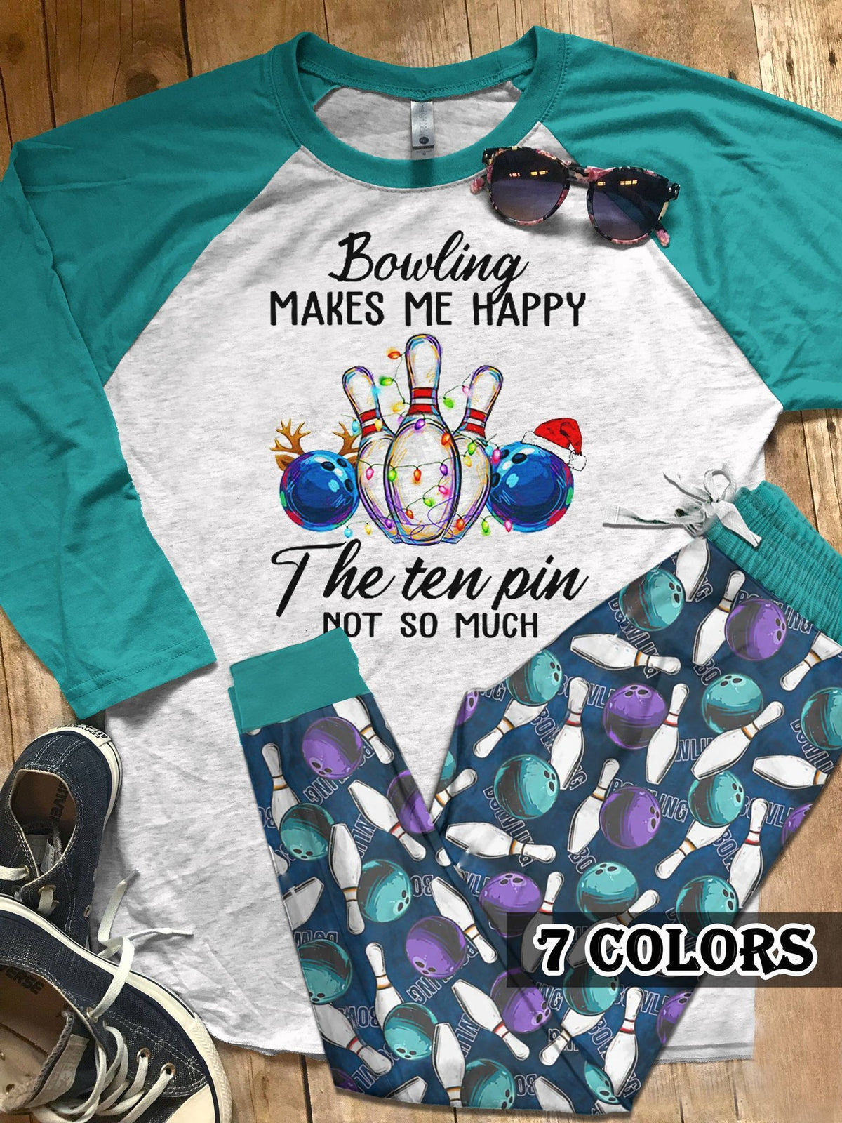 Bowling The Ten Pin Colors Pajama Set |Sleepwear Pjs Sets | Raglan Shirt Pants Set