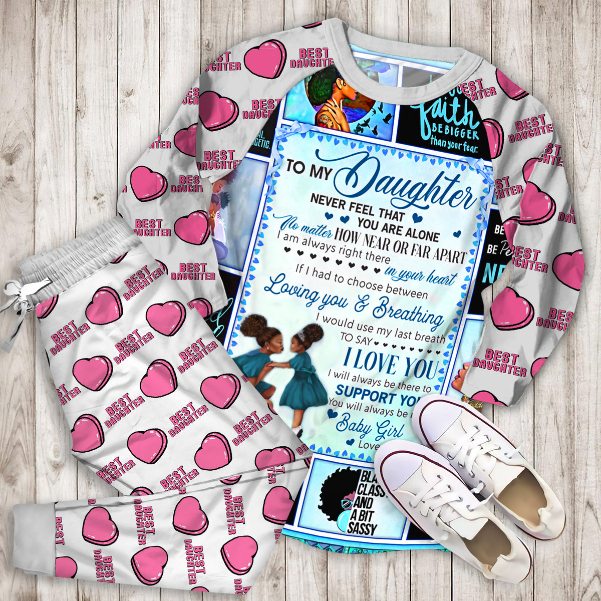 My Daughter I Will Always Be There To Support You Love Mom Black Woman Blue Ragl Pajama Set |Sleepwear Pjs Sets | Raglan Shirt Pants Set