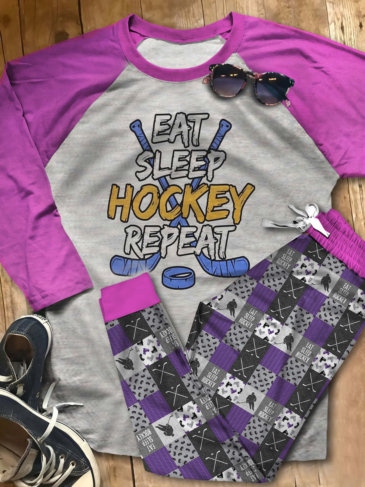 Hockey Eat Sleep Hockey Aas Pajama Set |Sleepwear Pjs Sets | Raglan Shirt Pants Set
