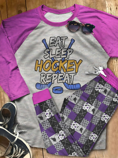 Hockey Eat Sleep Hockey Aas Pajama Set |Sleepwear Pjs Sets | Raglan Shirt Pants Set