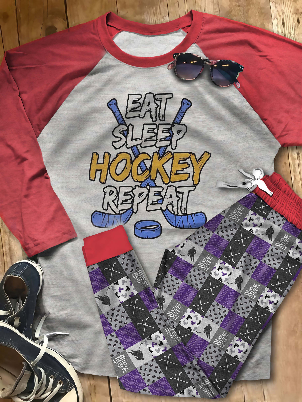 Hockey Eat Sleep Hockey Aas Pajama Set |Sleepwear Pjs Sets | Raglan Shirt Pants Set