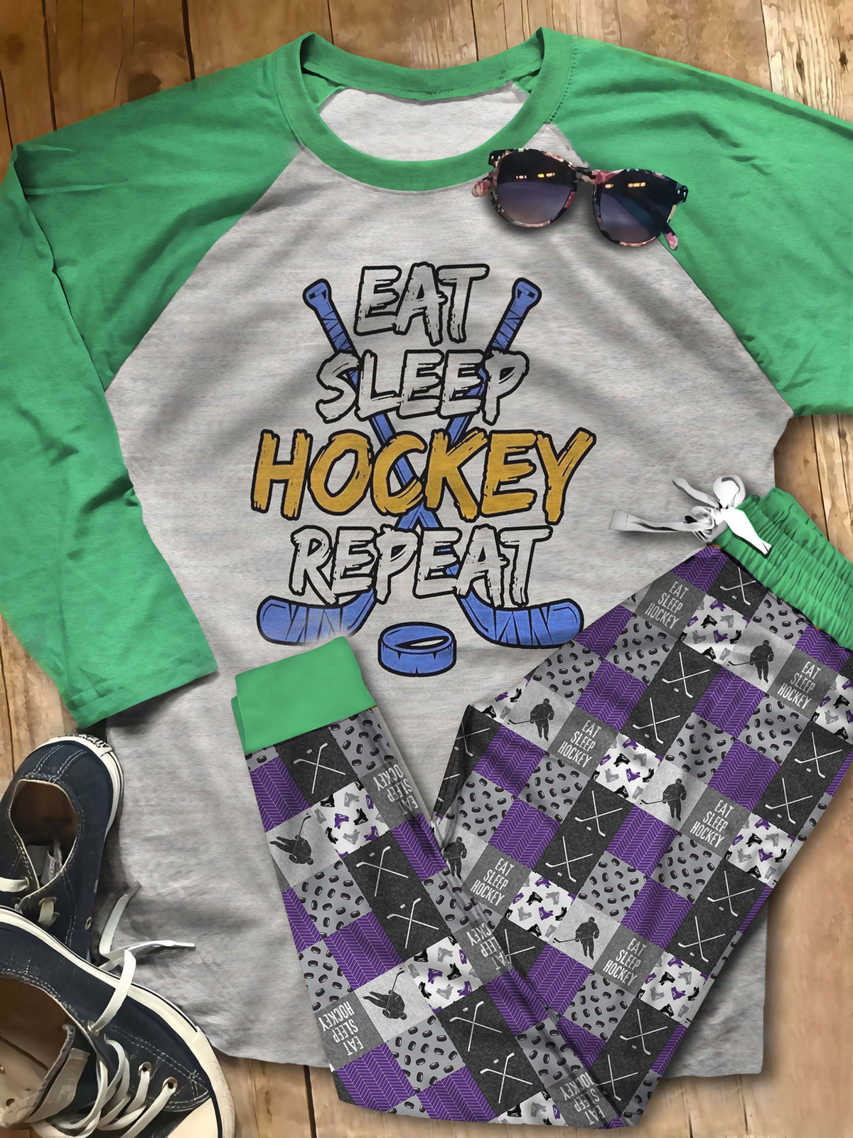 Hockey Eat Sleep Hockey Aas Pajama Set |Sleepwear Pjs Sets | Raglan Shirt Pants Set