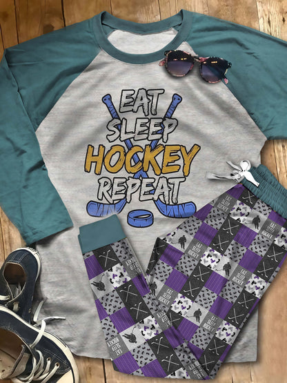Hockey Eat Sleep Hockey Aas Pajama Set |Sleepwear Pjs Sets | Raglan Shirt Pants Set