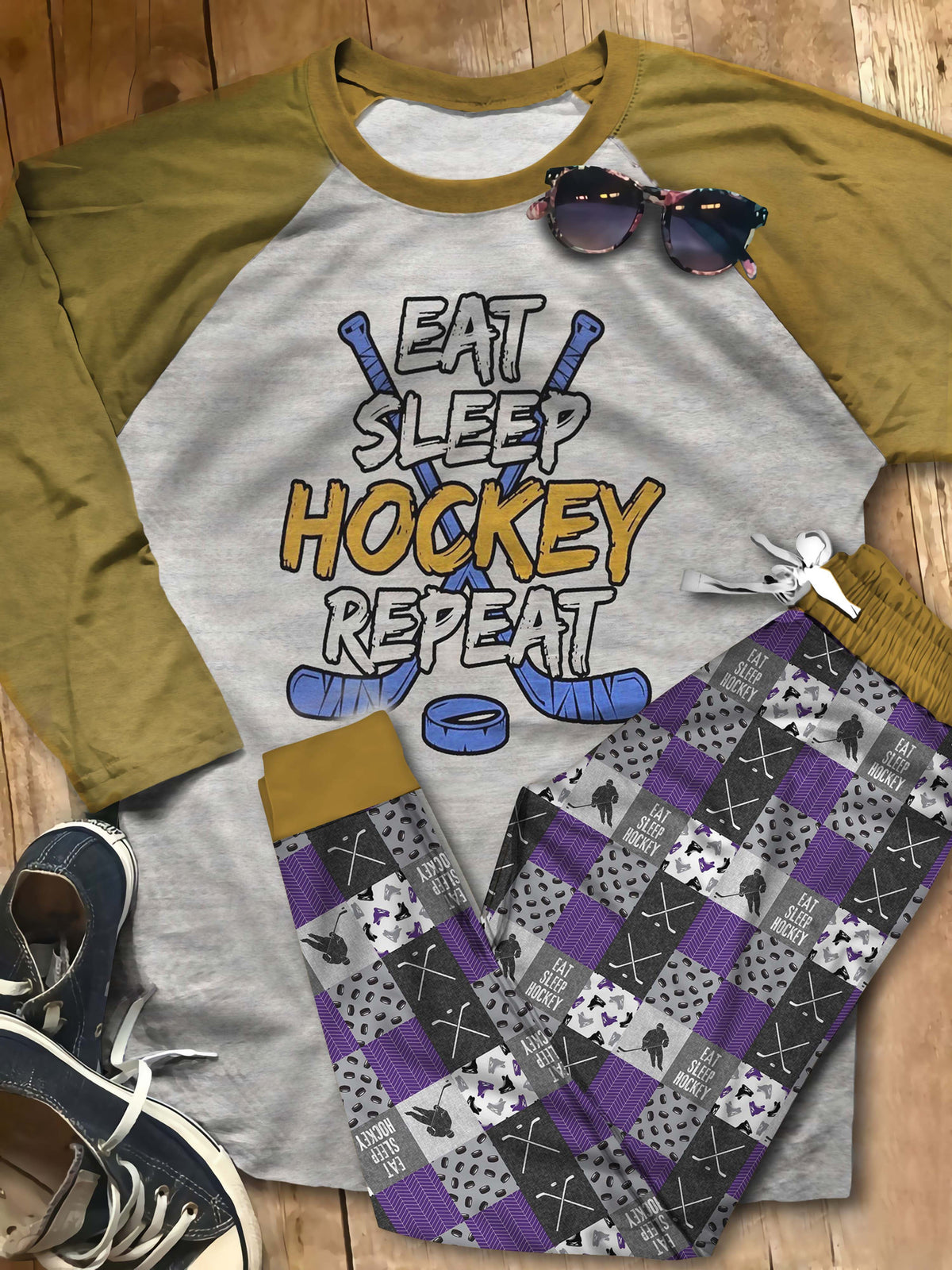 Hockey Eat Sleep Hockey Aas Pajama Set |Sleepwear Pjs Sets | Raglan Shirt Pants Set