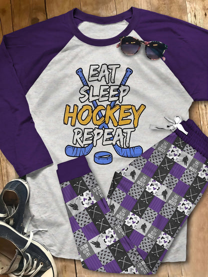 Hockey Eat Sleep Hockey Aas Pajama Set |Sleepwear Pjs Sets | Raglan Shirt Pants Set