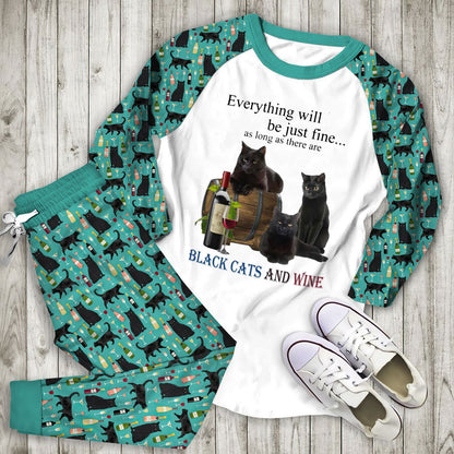Black Cat Cats And Wine Hha Pajama Set |Sleepwear Pjs Sets | Raglan Shirt Pants Set
