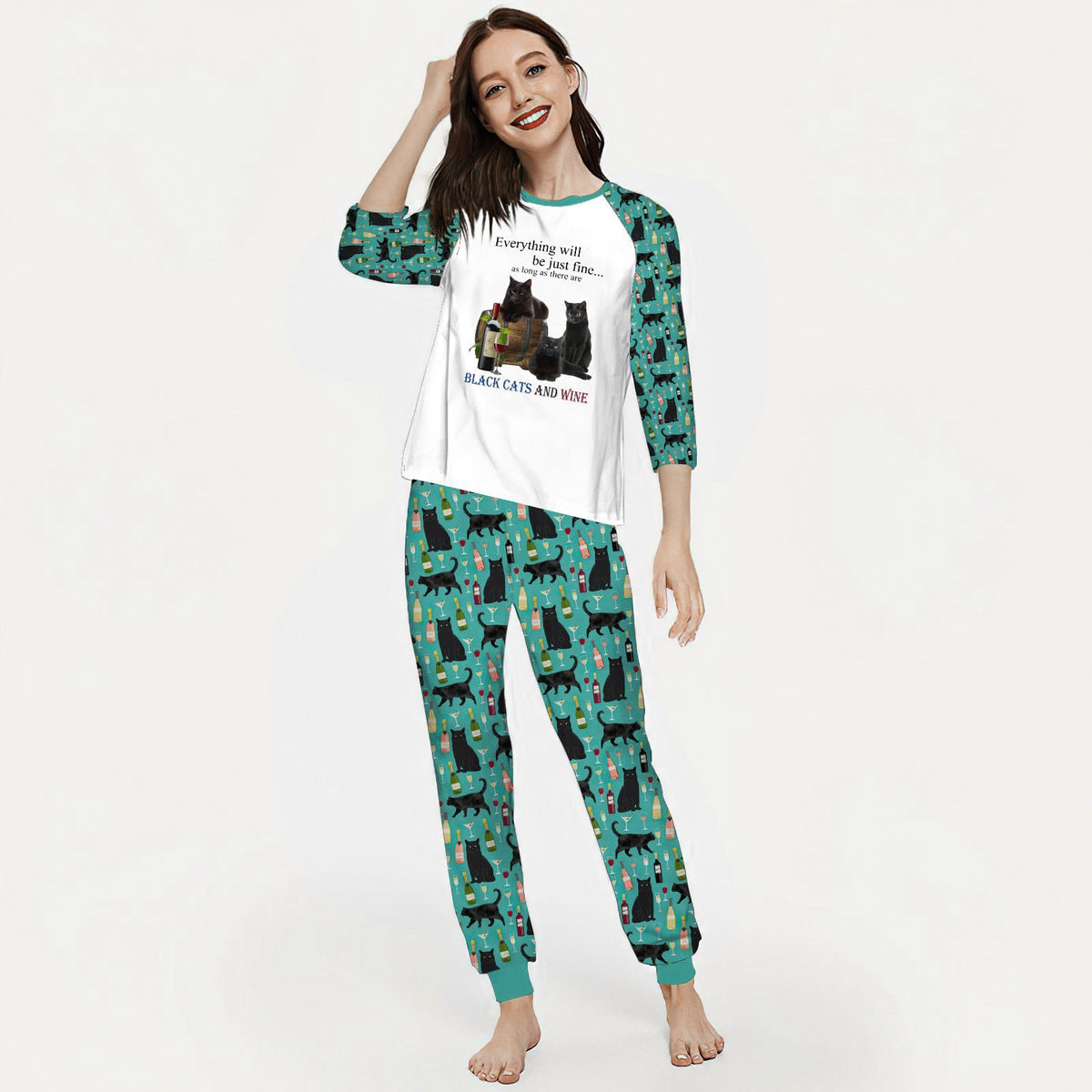 Black Cat Cats And Wine Hha Pajama Set |Sleepwear Pjs Sets | Raglan Shirt Pants Set