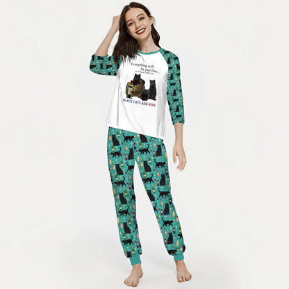 Black Cat Cats And Wine Hha Pajama Set |Sleepwear Pjs Sets | Raglan Shirt Pants Set