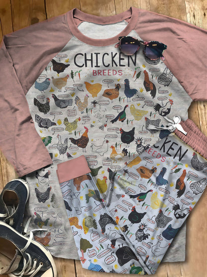 Chicken Chicken Breeds Aan Pajama Set |Sleepwear Pjs Sets | Raglan Shirt Pants Set