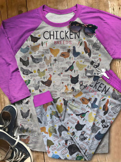 Chicken Chicken Breeds Aan Pajama Set |Sleepwear Pjs Sets | Raglan Shirt Pants Set