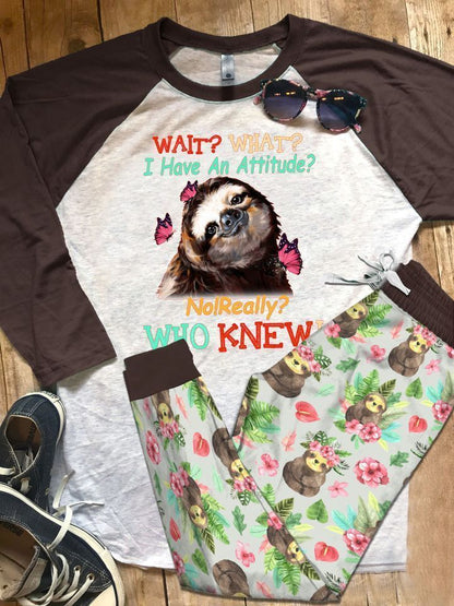 Sloth Wait Pajama Set |Sleepwear Pjs Sets | Raglan Shirt Pants Set